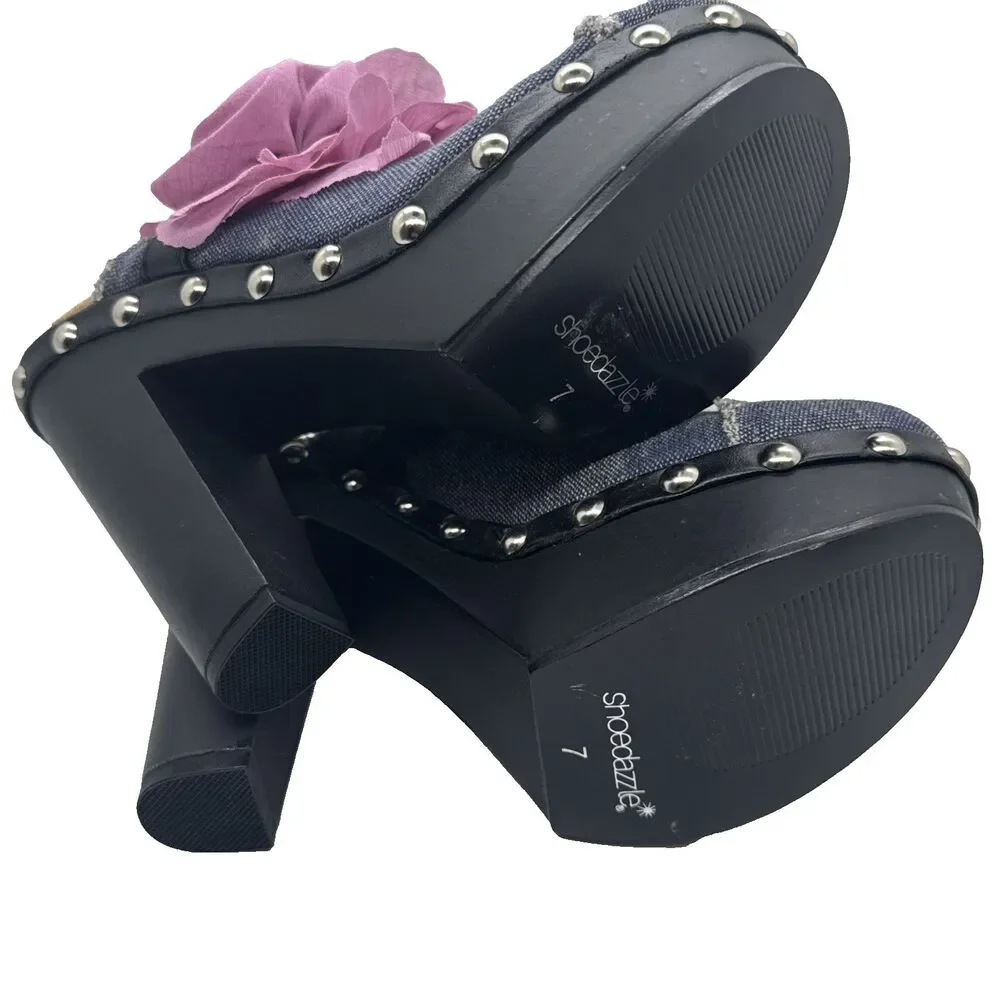 ShoeDazzle Women’s Denim Floral Platform Heels Open Toe Studded Mules Sz 7 - Picture 11 of 12